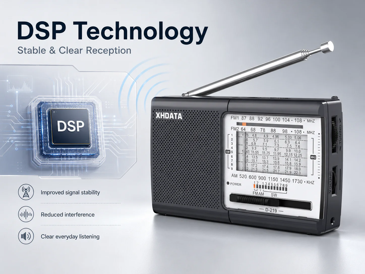 XHDATA D-219 Portable FM / AM / SW Radio – High Sensitivity Shortwave Receiver (Gray Colour) - Image 4