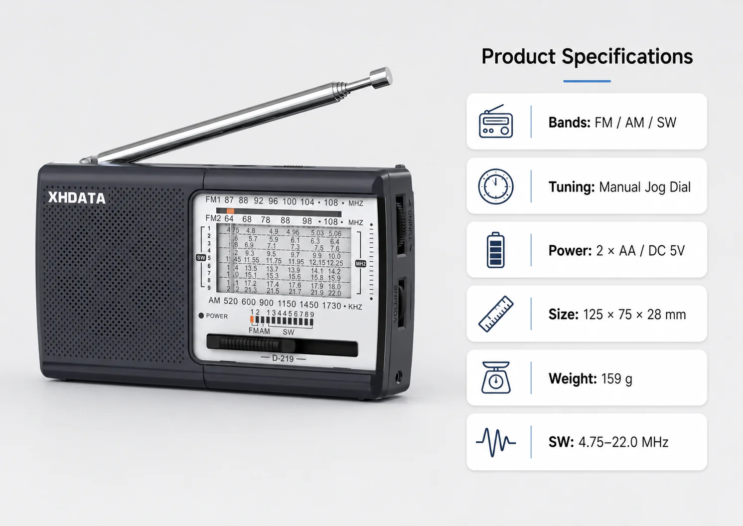 XHDATA D-219 Portable FM / AM / SW Radio – High Sensitivity Shortwave Receiver (Gray Colour) - Image 5