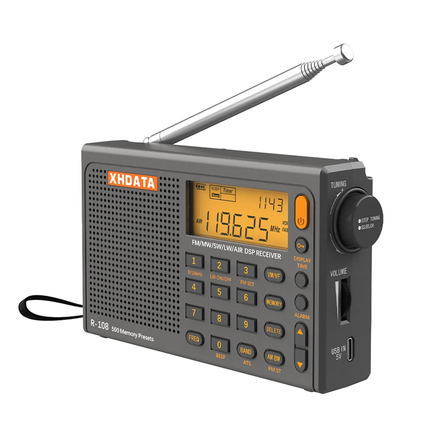 XHDATA R-108 Full Band Digital Radio – FM, SW, MW, LW, AIR BAND - Auto & Manual Scan, ATS, 500 Channel Memory, Alarm & Clock (Gray Edition) - Image 3