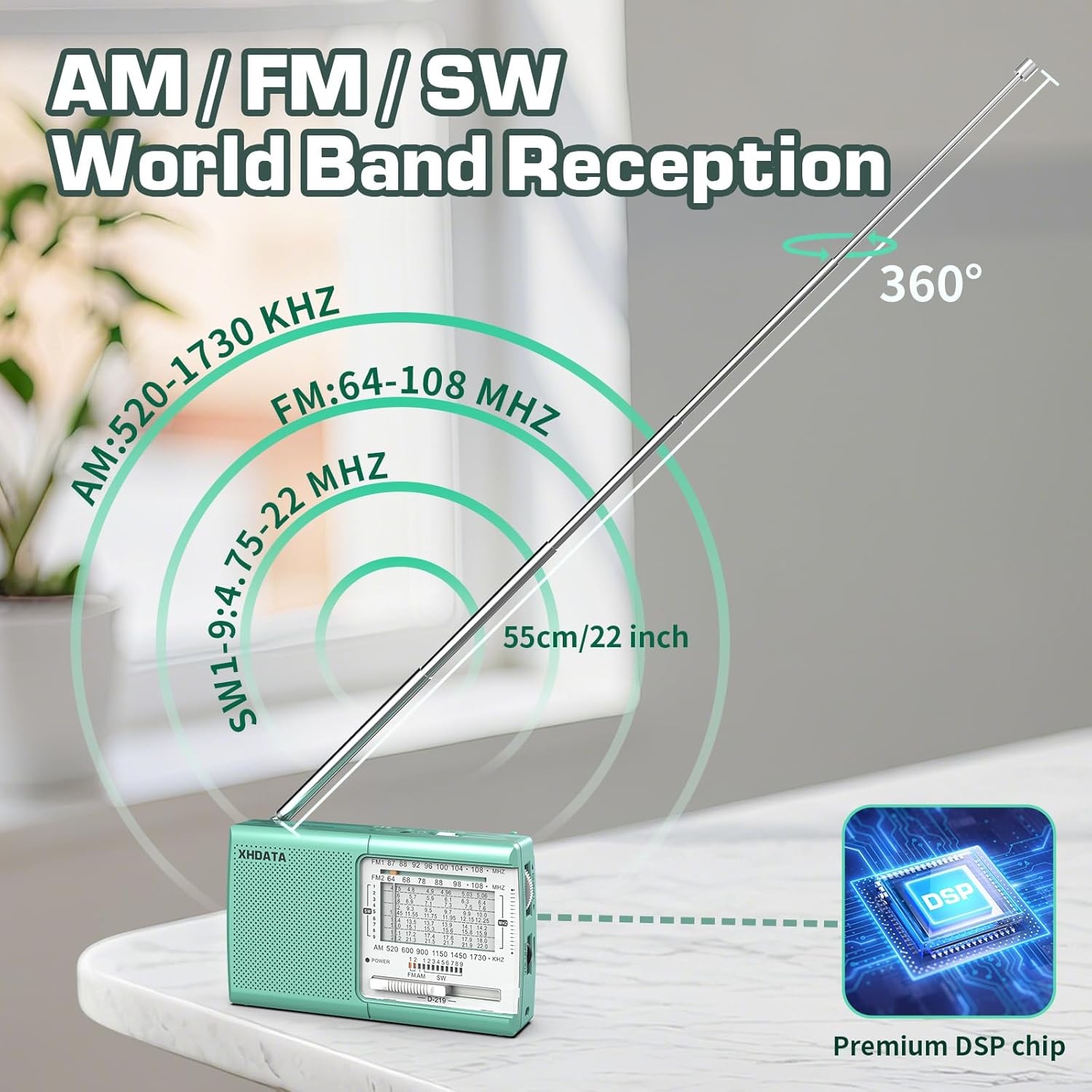 XHDATA D-219 Portable FM / AM / SW Radio – High Sensitivity Shortwave Receiver (New Version-1K, Green Colour) - Image 3