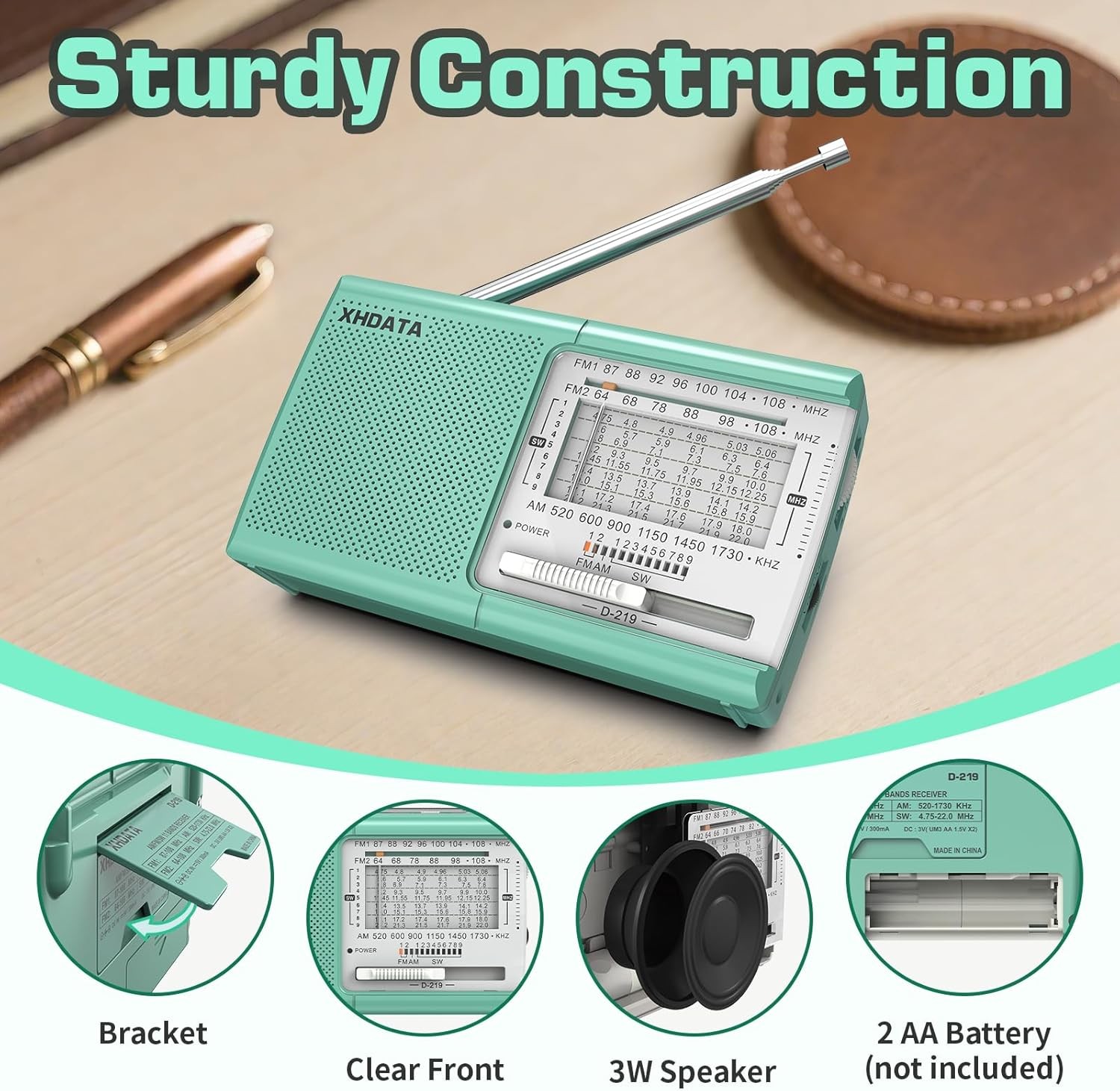 XHDATA D-219 Portable FM / AM / SW Radio – High Sensitivity Shortwave Receiver (New Version-1K, Green Colour) - Image 10