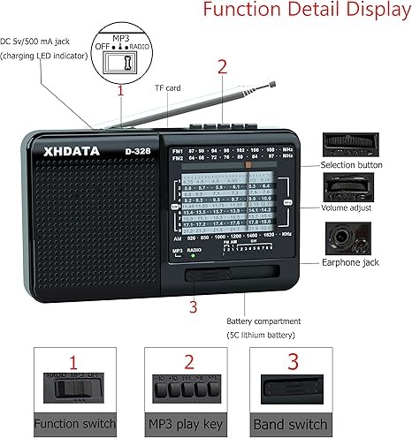 XHDATA D-328 Portable Radio | AM FM SW 12 Band DSP - Rechargeable Radio | MP3 Player & Memory Card Supported - Image 4