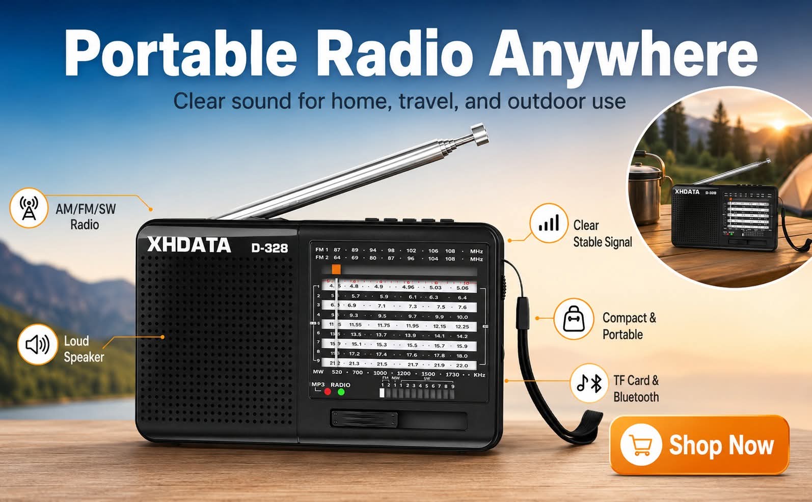 XHDATA D-328 Portable Radio | AM FM SW 12 Band DSP - Rechargeable Radio | MP3 Player, Bluetooth & Memory Card Supported - Image 2