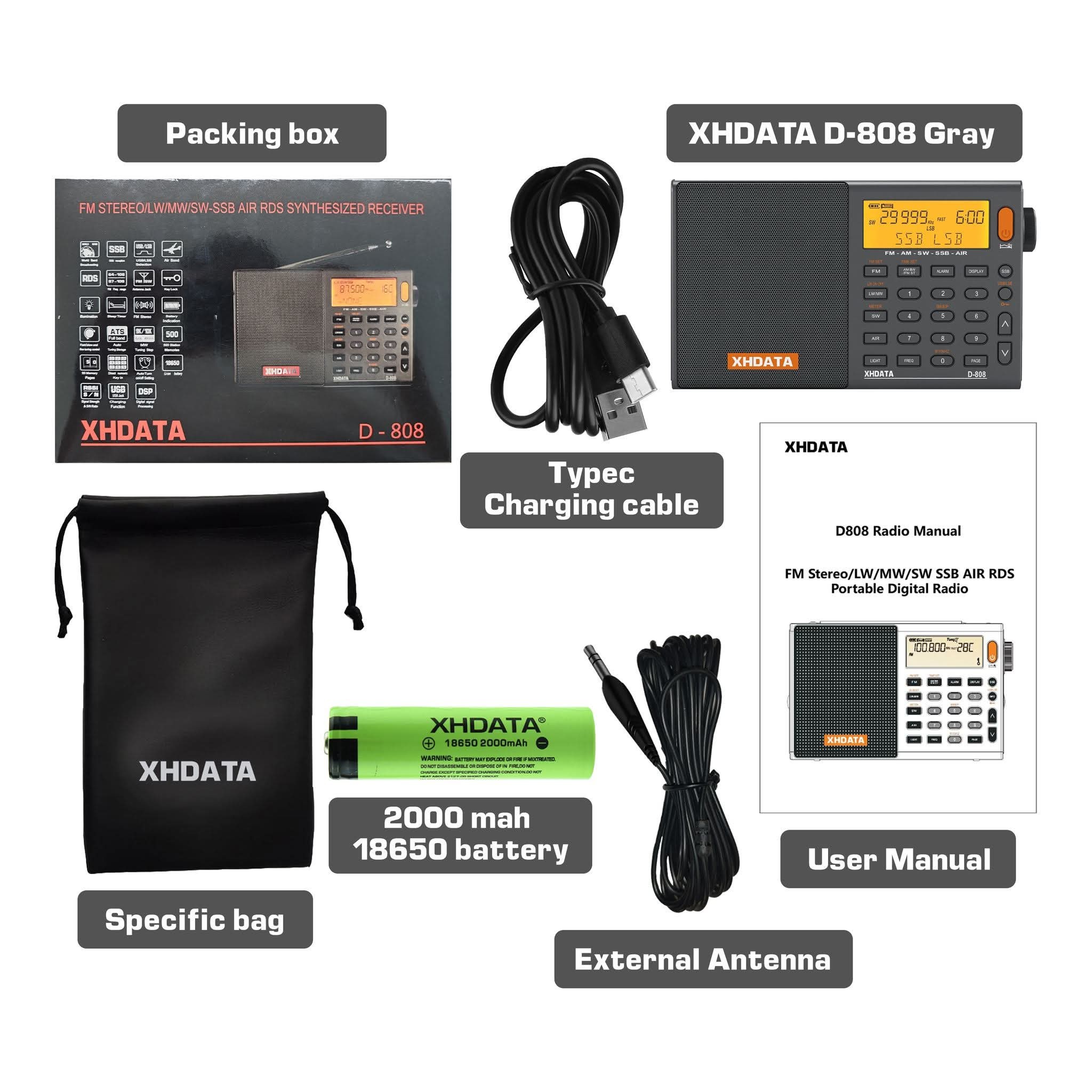 XHDATA D-808 Full Band Portable Rechargeable Digital Radio (FM, AM, SW, LW, Air & SSB), RDS Supported – Black Edition - Image 8