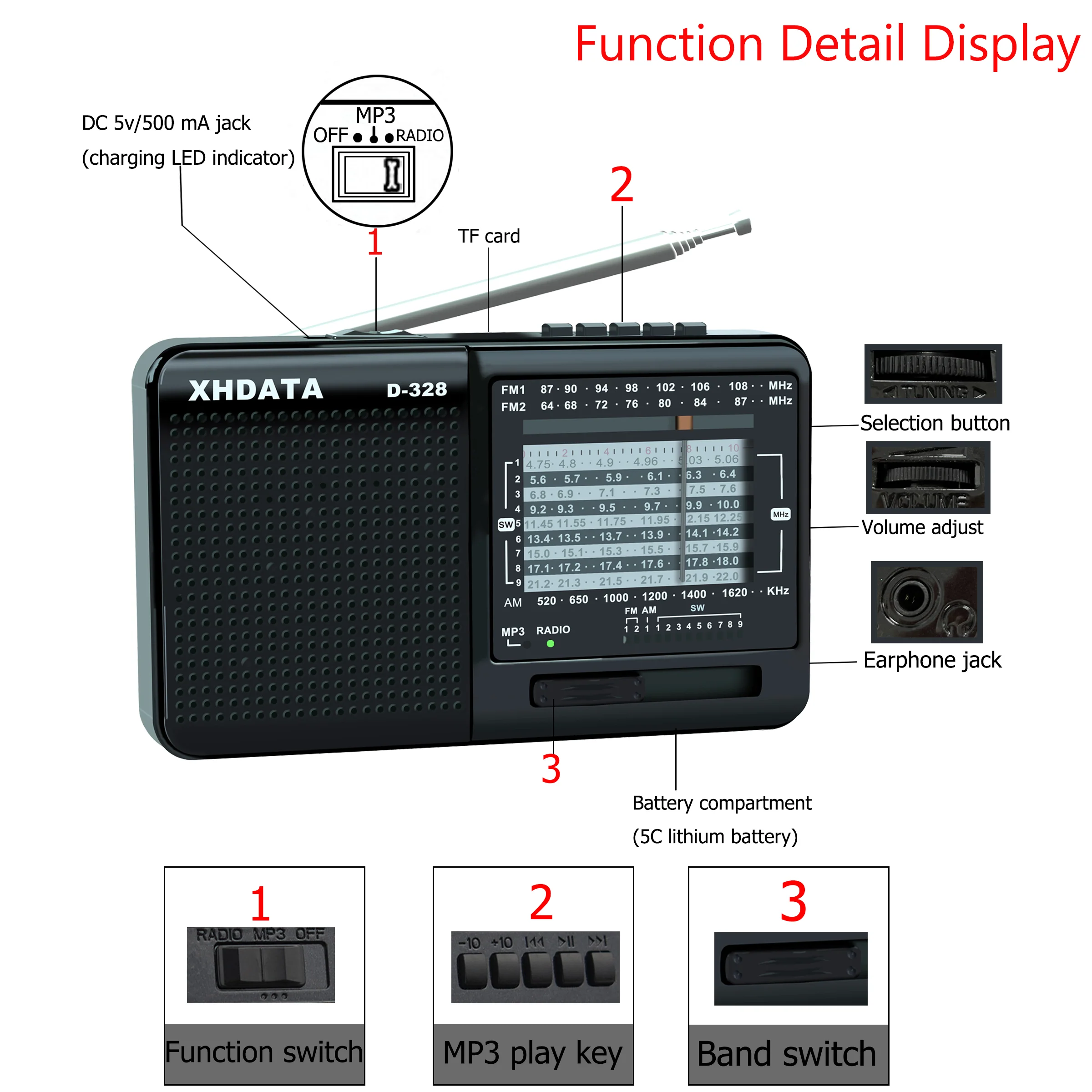 XHDATA D-328 Portable Radio | AM FM SW 12 Band DSP - Rechargeable Radio | MP3 Player, Bluetooth & Memory Card Supported - Image 20