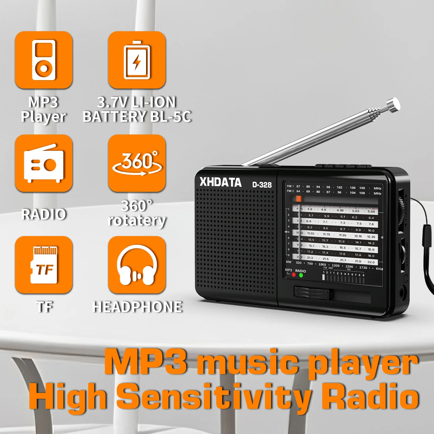 XHDATA D-328 Portable Radio | AM FM SW 12 Band DSP - Rechargeable Radio | MP3 Player, Bluetooth & Memory Card Supported - Image 8