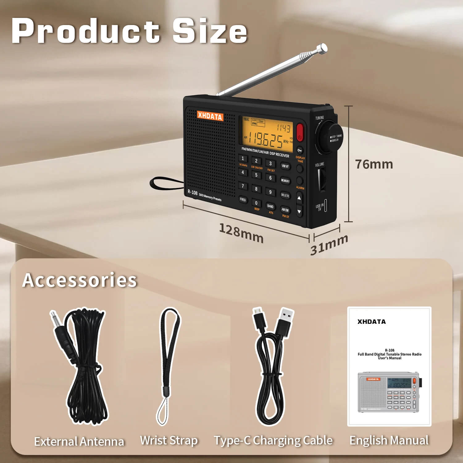 XHDATA R-108 Full Band Digital Radio – FM, SW, MW, LW, AIR BAND - Auto & Manual Scan, ATS, 500 Channel Memory, Alarm & Clock (Gray Edition) - Image 9