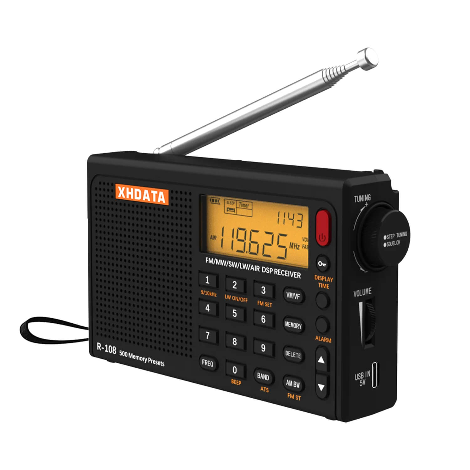 XHDATA R-108 Full Band Digital Radio – FM, SW, MW, LW, AIR BAND - Auto & Manual Scan, ATS, 500 Channel Memory, Alarm & Clock (Black Edition) - Image 10