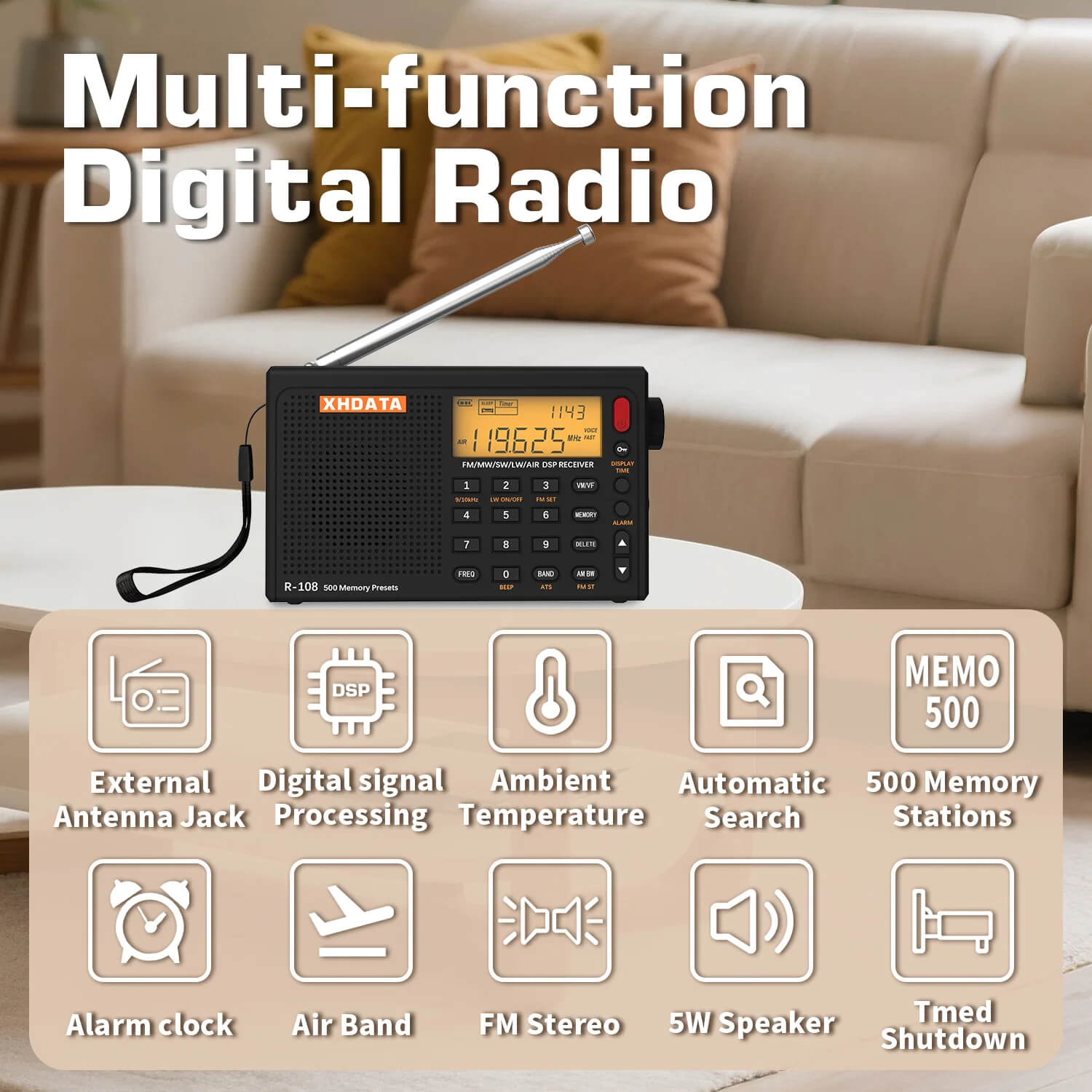XHDATA R-108 Full Band Digital Radio – FM, SW, MW, LW, AIR BAND - Auto & Manual Scan, ATS, 500 Channel Memory, Alarm & Clock (Gray Edition) - Image 7
