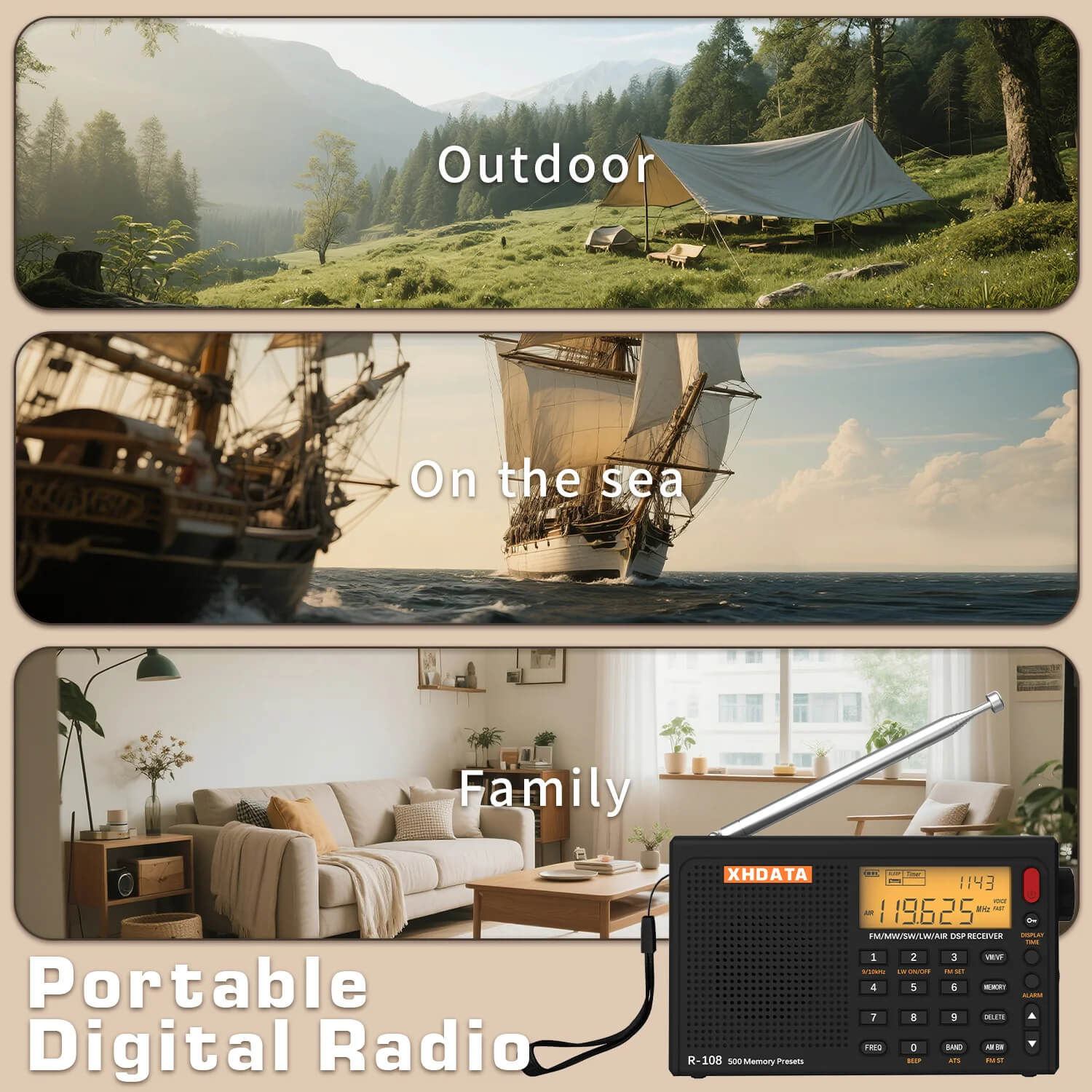 XHDATA R-108 Full Band Digital Radio – FM, SW, MW, LW, AIR BAND - Auto & Manual Scan, ATS, 500 Channel Memory, Alarm & Clock (Gray Edition) - Image 17