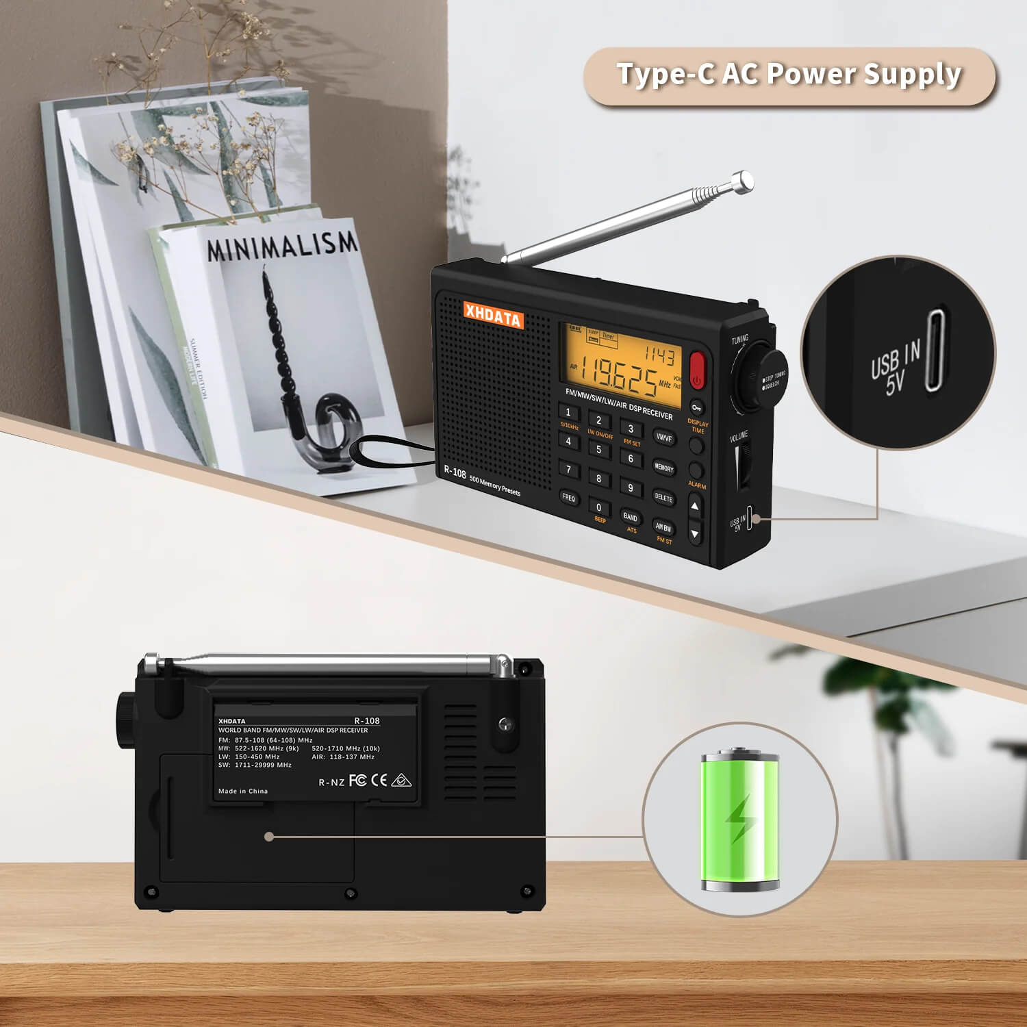 XHDATA R-108 Full Band Digital Radio – FM, SW, MW, LW, AIR BAND - Auto & Manual Scan, ATS, 500 Channel Memory, Alarm & Clock (Gray Edition) - Image 8