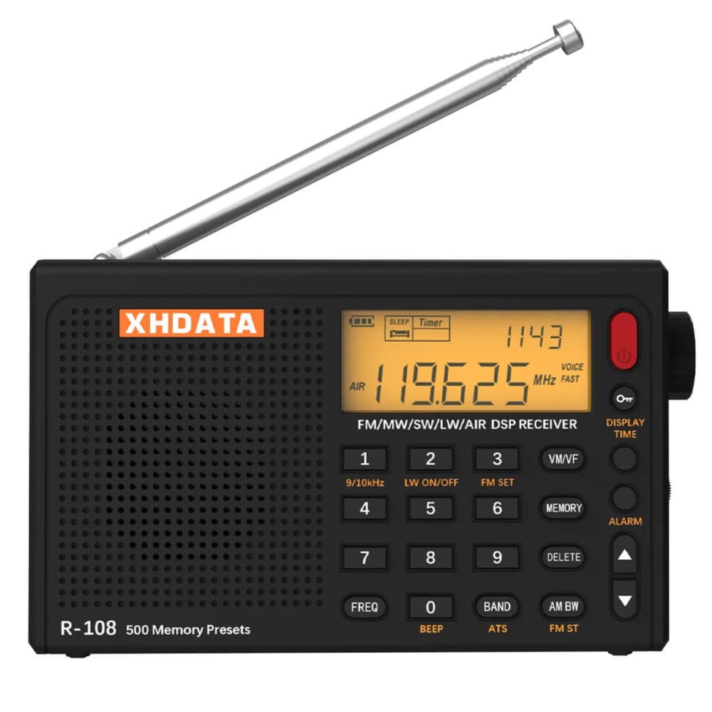 XHDATA R-108 Full Band Digital Radio – FM, SW, MW, LW, AIR BAND - Auto & Manual Scan, ATS, 500 Channel Memory, Alarm & Clock (Black Edition)