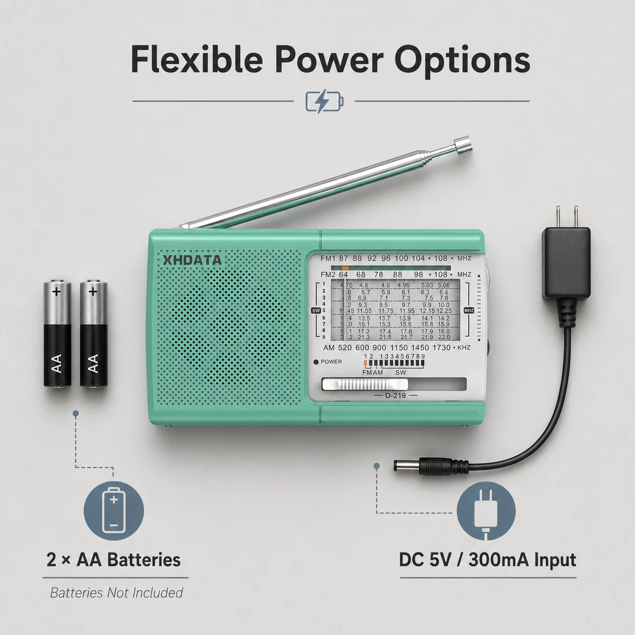 XHDATA D-219 Portable FM / AM / SW Radio – High Sensitivity Shortwave Receiver (New Version-1K, Green Colour) - Image 7