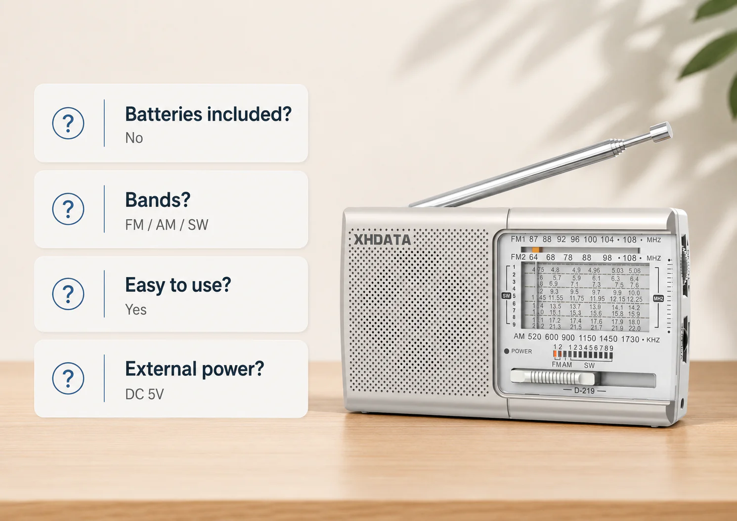 XHDATA D-219 Portable FM / AM / SW Radio – High Sensitivity Shortwave Receiver (New Version, White Colour) - Image 14