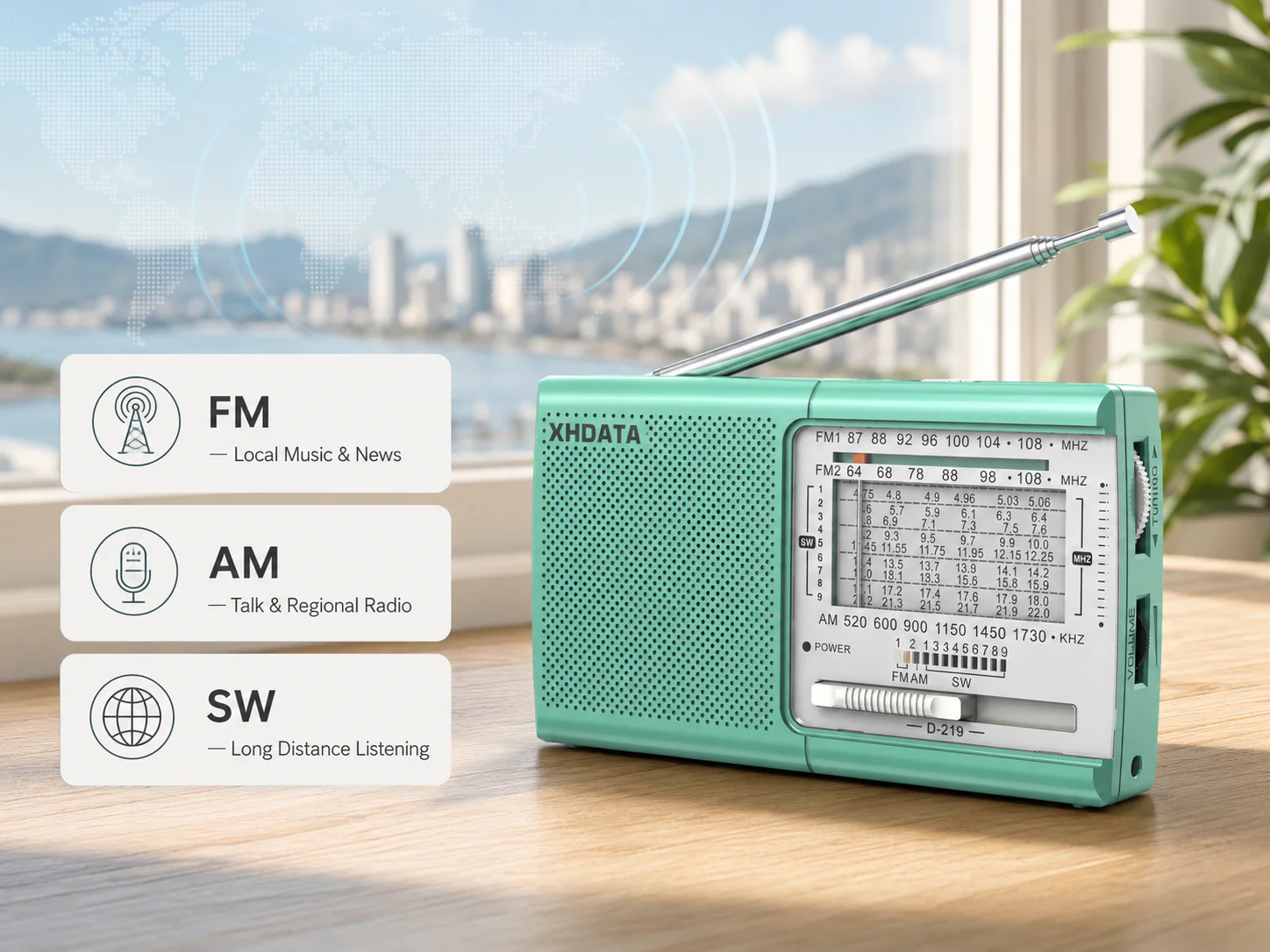 XHDATA D-219 Portable FM / AM / SW Radio – High Sensitivity Shortwave Receiver (New Version-1K, Green Colour) - Image 4