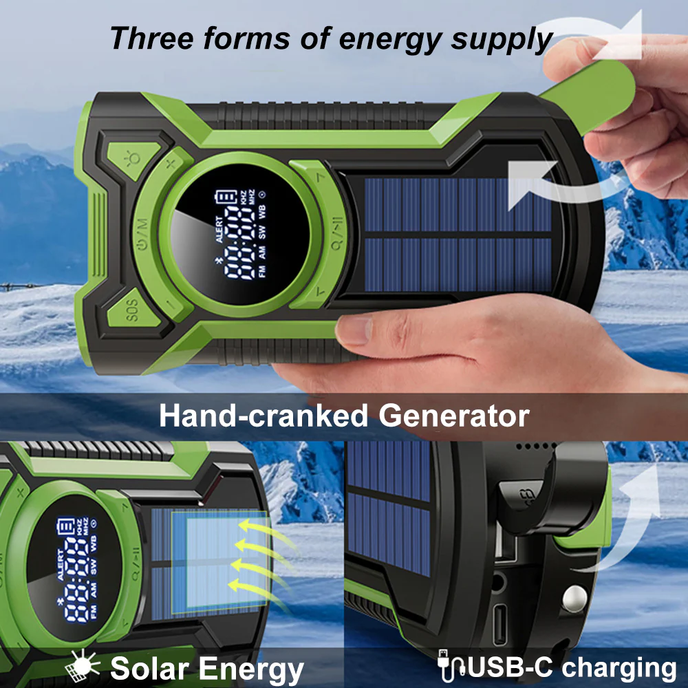 XHDATA DE16 FM/AM Hand Crank Solar Emergency Radio With Bluetooth & 5000mAh Power Bank - Image 3